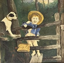Antique 19Th C. Painting of a Boy with his Dog Oil Canvas American picture
