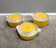 Vintage Set 3 PYREX Daisy Sunflower Covered Casserole Dishes Clear Lids 471-473 picture
