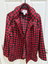 Sabrina Lauren New York Women's Red/Black Plaid Pea Coat Jacket L Pockets picture