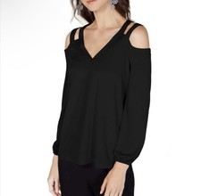 INC International Concepts Black Cold-Shoulder V-Neck Blouse Large New picture