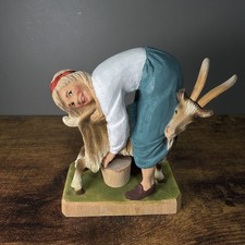 Vintage Henning Milk Maid Hand Carved Painted Wood Girl Milking Goat Norway picture