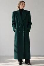 Vtg 1980s Fleurette 100% Wool Long Oversized Coat Double Breasted Green USA Made picture