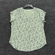 Monday Fun Floral Blouse Womens 2XL XXL Sage Green V Neck Cap Sleeve Top picture