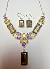 Sterling Silver 925 Smoky Quartz Amethyst Citrine Necklace Pendant Earrings Set picture