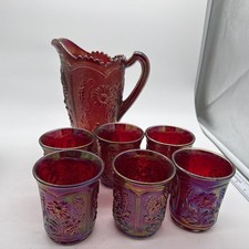 VTG Imperial Carnival Glass~ Field Flowers~RubyRed Iridescent~Pitcher~6 Tumblers picture