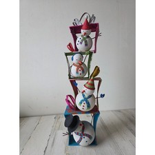 Vintage Pier 1 snowman totem glitter statue Xmas figurine presents rare picture