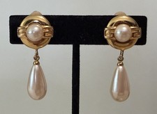 Vintage Signed Givenchy Gold Tone Faux Pearl Dangle Drop Logo Clip On Earrings picture