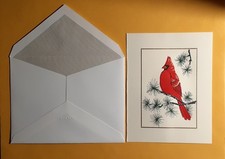 10 Crane & Co Cardinal on Pine Needle Branch Ecru Cards, Lined White Envs. - NWB picture