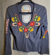 Vintage 90s Y2k Johnny Was Joystick Blue Long Sleeve Embroider Western Top Sz LG picture