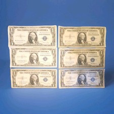 6 $1.00 Silver Certificates (3) 1935-F (3) 1935-E Circulated , Ungraded  History picture