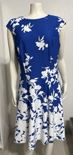 London Times Dress Womens 18 Blue White Floral Cap Sleeve Fit Flare A Line NEW picture