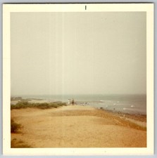 Vtg Color Snapshot People Walking Sandy Beach Dunes Ocean Coastline View 1960s picture