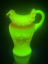 VTG Fenton Burmese Glass Hand Painted Rose Ruffled Crimped Pitcher Signed Artist picture