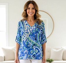 Talbots Paisley V-Neck Tunic Top Blue Green White Black 3/4 Roll Tab M picture