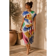 80s Vintage Young Edwardian Abstract Art Draped Midi Dress Women SMALL USA picture