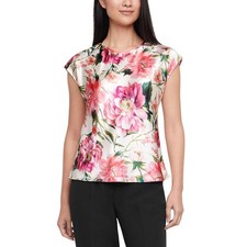 NWT Express Women's M Satin Floral Print Top Short Sleeves Crew Neck B0942 picture