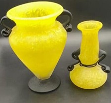 Vintage Murano Style Yellow Scavo Art Glass Vase Pair - Attr Cenedese/Seguso picture