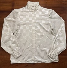 Tess Paris Milano Women’s Ivory Checkered Satin Hi Neck Button up Blouse Sz 8 picture