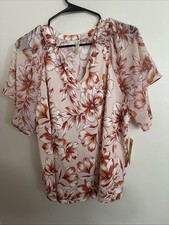 Perception Concept Pink Floral V-Neck Short Sleeve Polyester Pullover Blouse XL picture