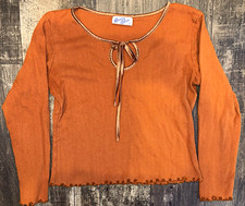 Vintage Y2K Betty Blue Top Womens Rust Orange Velvet Tie Keyhole USA 100% Cotton picture