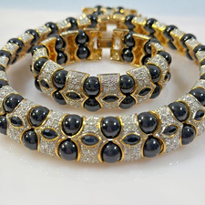 Vintage Necklace Bracelet Set Runway Black Clear Gold Choker Adjustable Link picture
