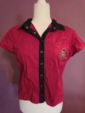 Rare Vtg Y2k Lip Service Red Punk Skater Buttom Up Shirt With Skull CUTE picture