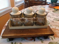 Vintage 1970s Acrylic  Spice Jars Smokey And Almond Color  Set Of 3 With Caddy picture