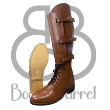 Handmade Cognac Brown Leather Boots with Triple Buckles, Unisex Knee-High, Boots picture