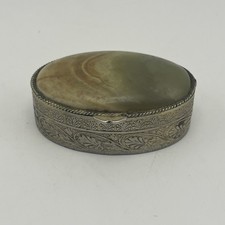 Antique Victorian Carved Green Banded Agate Snuff Pill Box Filigree Repousse picture