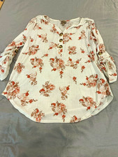 Como Vintage Women's L White Floral V-Neck Long Sleeve Button Accent Knit Top picture