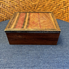 VTG Peruvian Wood Trinket Box Jewelry Sterling Rim Chancay Textile Glass Top picture