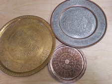 Antique Middle Eastern brass , copper, plates ,trays  Lot Of 3 picture