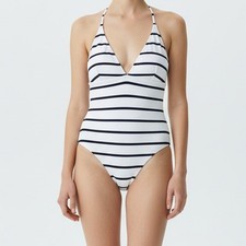 CALIA NWT Triangle Strappy Back One Piece Swimsuit Womens 6 White Blue Stripe picture