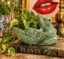 VTG McCoy USA Frog Planter Vase Green Glaze Floral Lily Pad Pottery MCM 7.5” picture