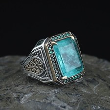 Natural Aquamarine Ring 925 Sterling Silver Vintage Turkish Men's Ring picture