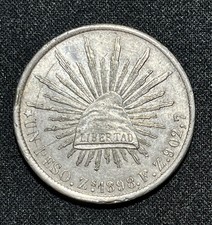 1898 Zs FZ Un Peso Mexico Second Republic 1 Peso Zacatecas Silver AU Condition picture