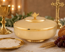 Large Gold Plated Brass Ciborium with Cover and Loaves & Fish Top For Communion picture