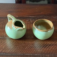Frankoma Pottery Prairie Green Mini Creamer 553 & Open Sugar Bowl 504 Set VTG picture