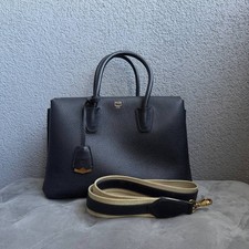 MCM Milla Black Grained Leather Tote Bag Satchel Medium Shoulder Strap Clochette picture