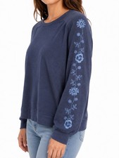 Weekends by Chicos Womens Sweatshirt Blue Floral Embroidered Sleeve Size 1 M picture