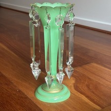 Vintage Mantel Lustre Uranium Glass Trumpet Vase With Crystal Drop Chimes picture