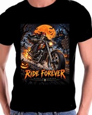 Halloween T shirt A Skeleton Driver On a Motorcycle Scary Art Horror Skull Face picture