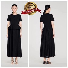 🎁AUTHENTIC Sandro Women Round Neck Two Fakes Pleated Knitted Evening Dress SML picture