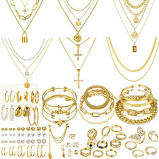 6Pcs Layered Necklace, 11 Pcs Anklet and 7Pcs Earring Ear Cuff,12Hoop Earrings , picture