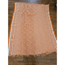 Vintage Handmade Crochet Afghan Orange White Geometric Mosaic Fringe 67x46 picture