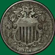 1866/1866 Over 1866, Rays Shield Nickel Very Fine VF Coin, Env. Issues #32422 picture