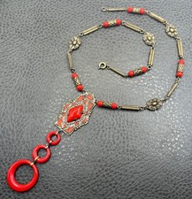 Vintage Czech Art Deco Red Ornate Filigree Y Drop Disc Pendant Necklace 18” picture