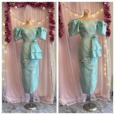 Vintage 50s Dress Filipiniana Terno Ivory Big Butterfly Sleeve Peplum XXS picture