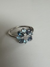 10K White Gold Blue Gemstone & Diamond Floral Cluster Ring Size 8.5 picture