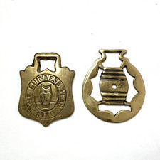 2 Vtg England Horse Brass Medallions Guinness Beer & Keg harness ornaments 1980 picture